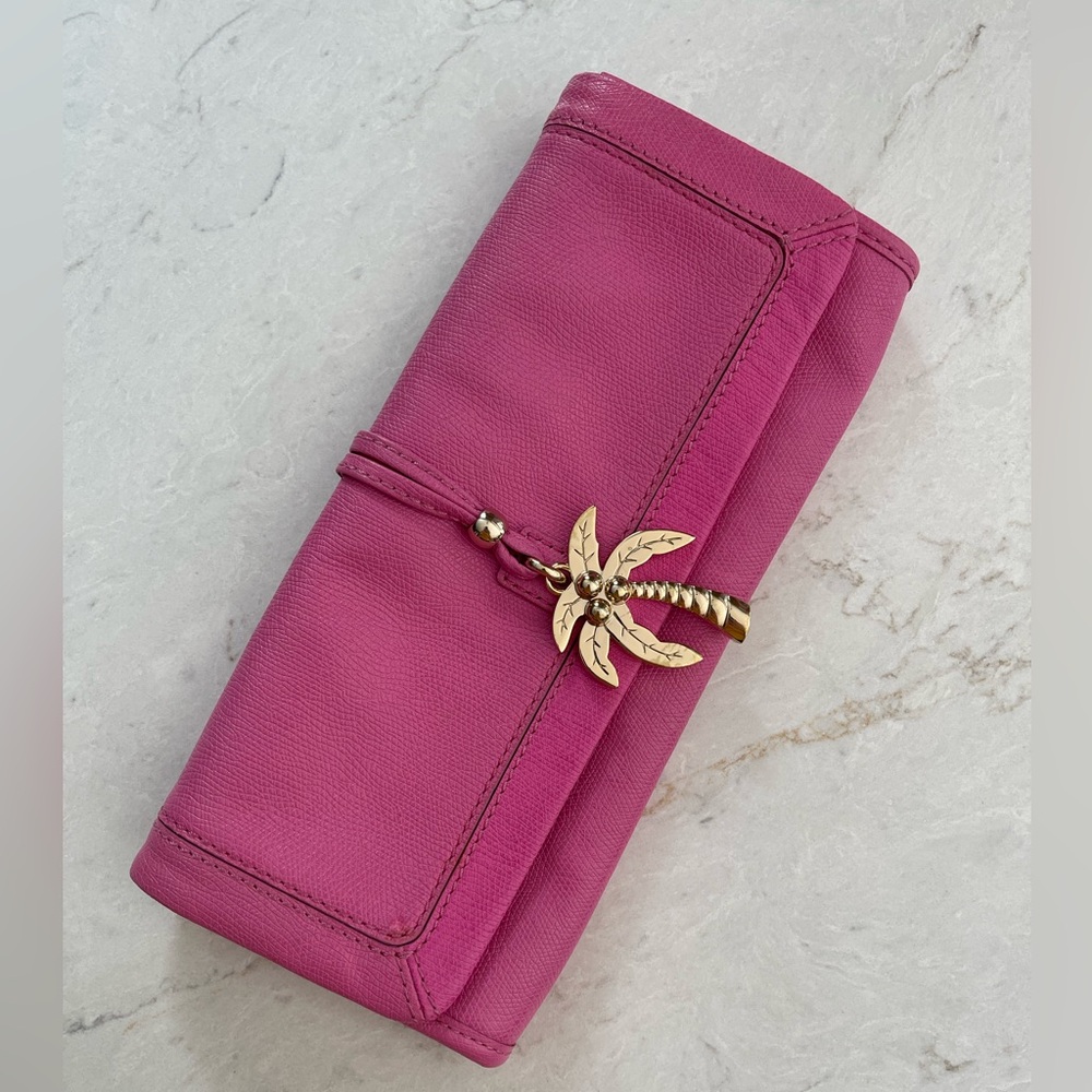JUICY COUTURE Pink Leather Clutch with Gold Palm Tree Charm